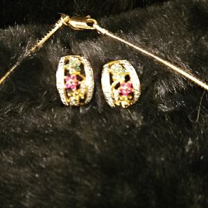 Gold Earrings With Emerald, Ruby, Obsidian and Diamond Chips